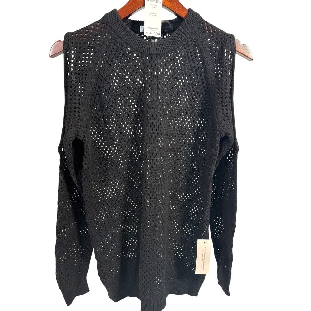 BCBG Womens Open Knit Cold Shoulder Long Sleeve Pullover Sweater Black Medium
